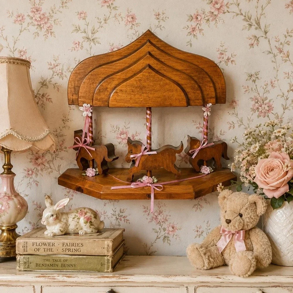 VTg Wooden Carousel Horse Wall Decor Pink Ribbon Roses 1980s Country Folk Art